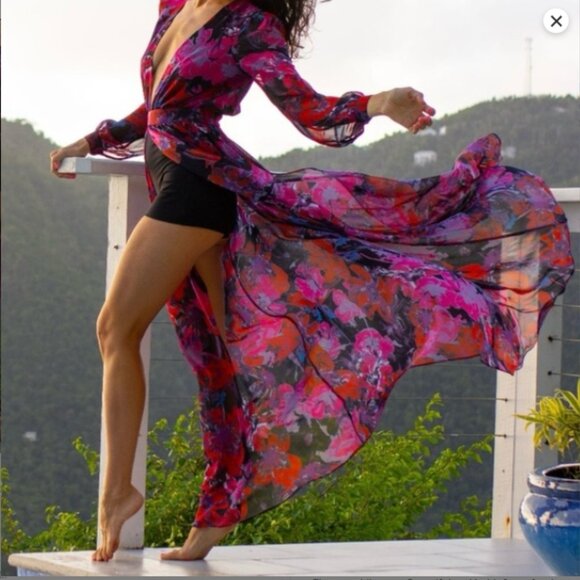 Bebe Floral‎ Maxi Romper Dress w/Built-In Shorts Size 2 Sheer Long Sleeve Plunge - Picture 1 of 14